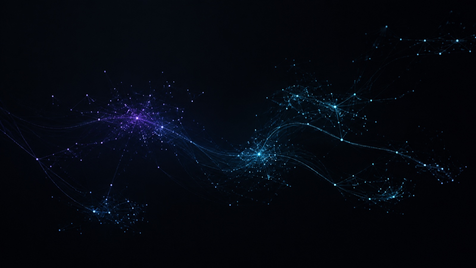 Cyan and violet evidence clusters connect across a sparse governed network.