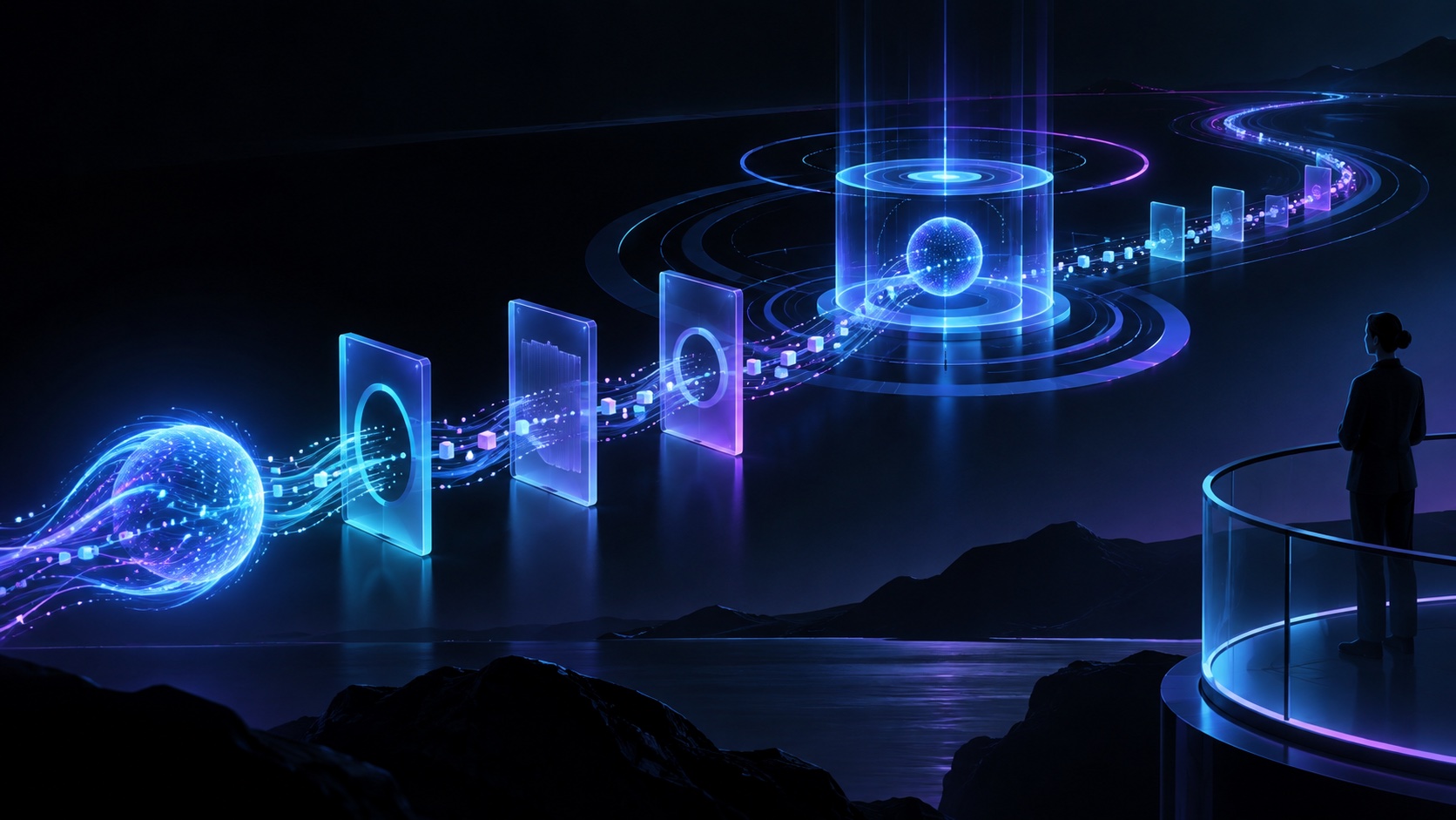 Luminous agent pathways pass through permission gates and an accountable human checkpoint.
