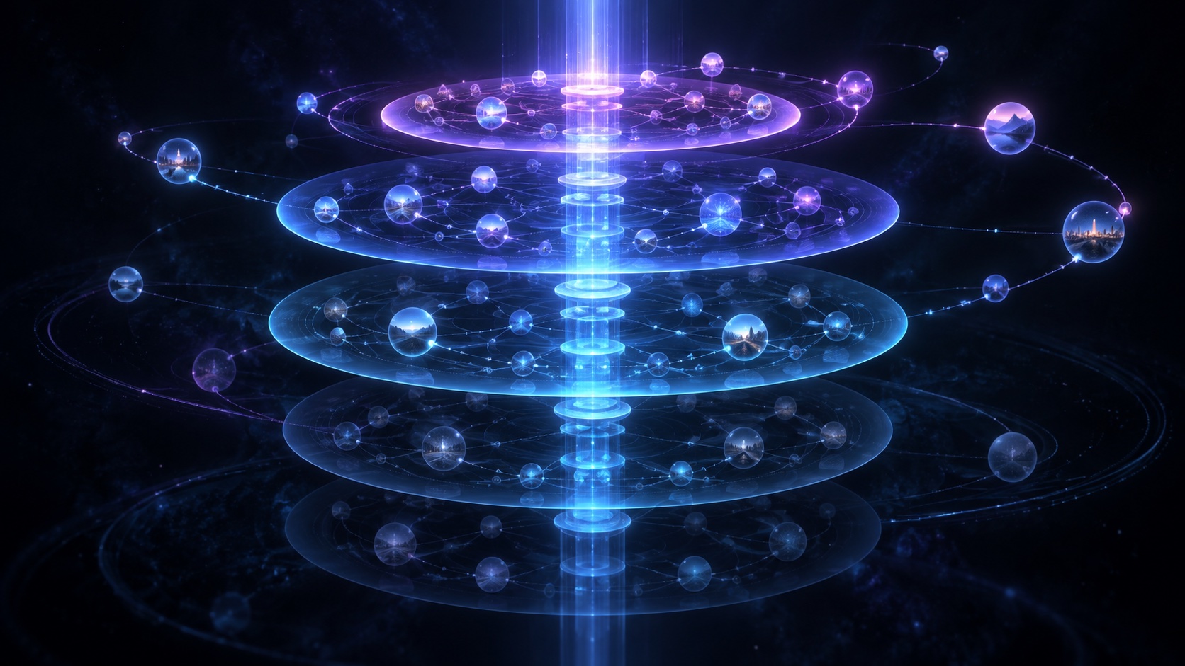 Layered blue and violet memory rings connect experiences through a durable central spine.