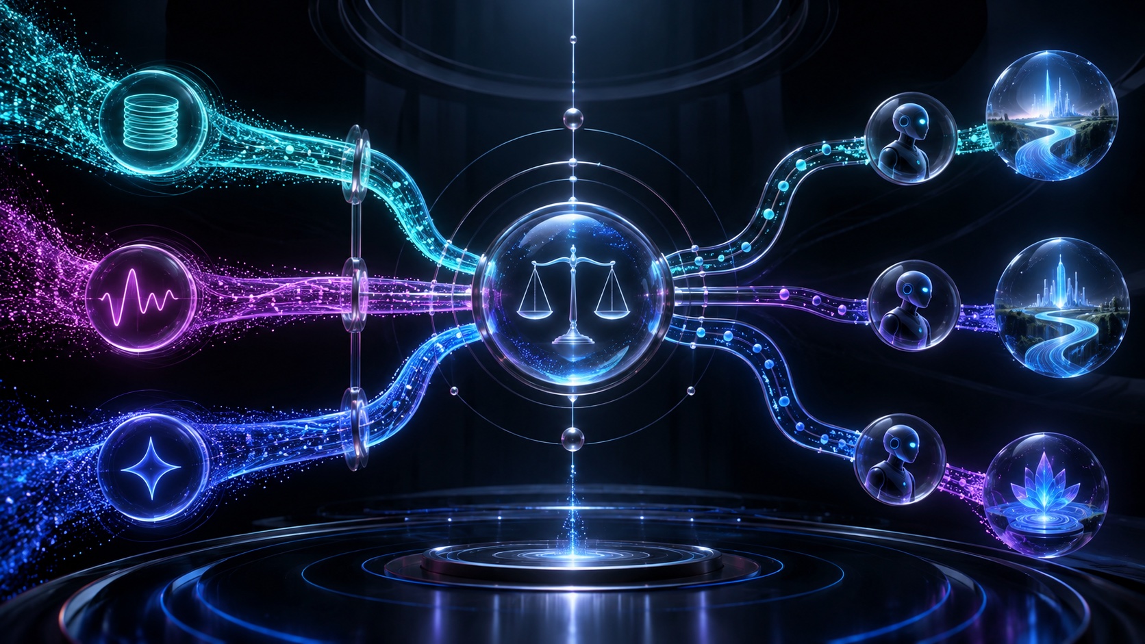 Measured cyan, blue and violet resource streams pass through a balanced AI control system.