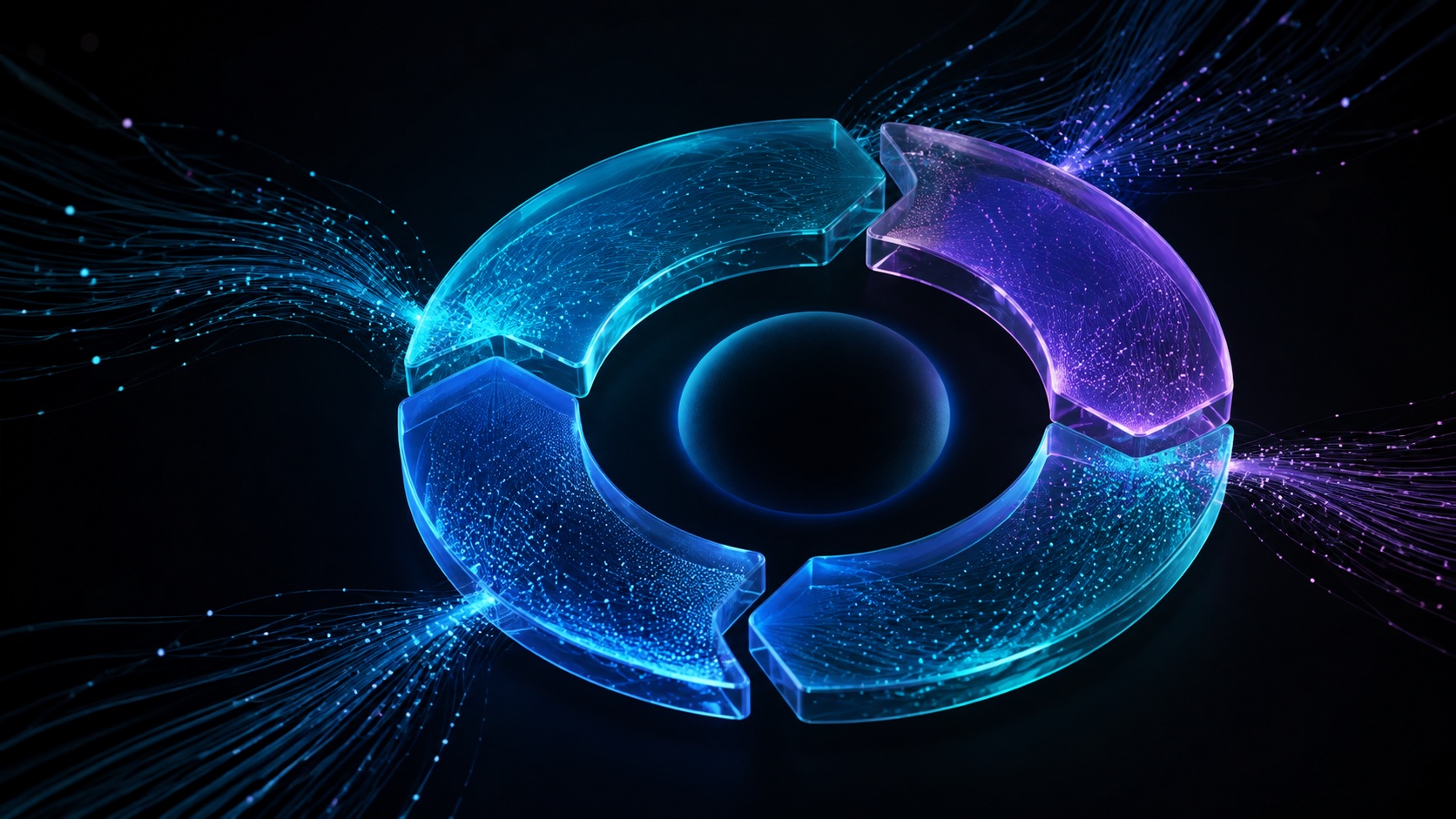 A continuous cyan and violet management loop surrounds a stable organisational core.