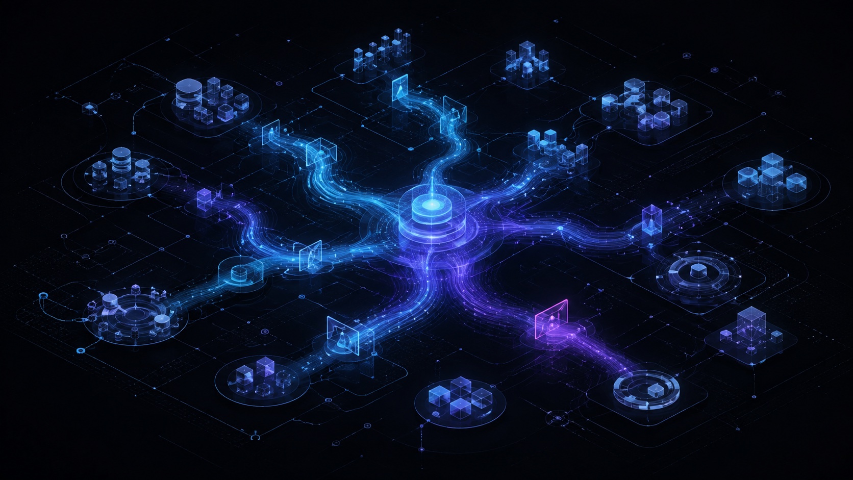 A luminous intelligence current connects teams, systems and decision points across an organisation.