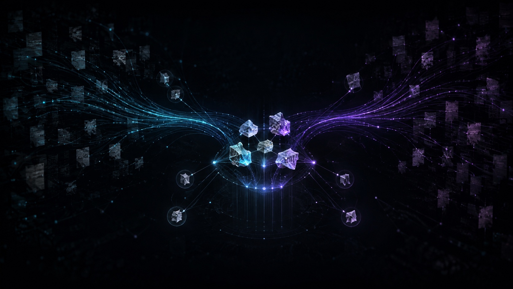 Cyan and violet source streams converge on a focused cluster of evidence with traceable connections.