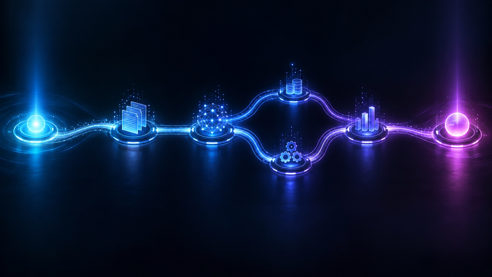 A luminous enterprise workflow moves through connected stages toward a clear outcome.