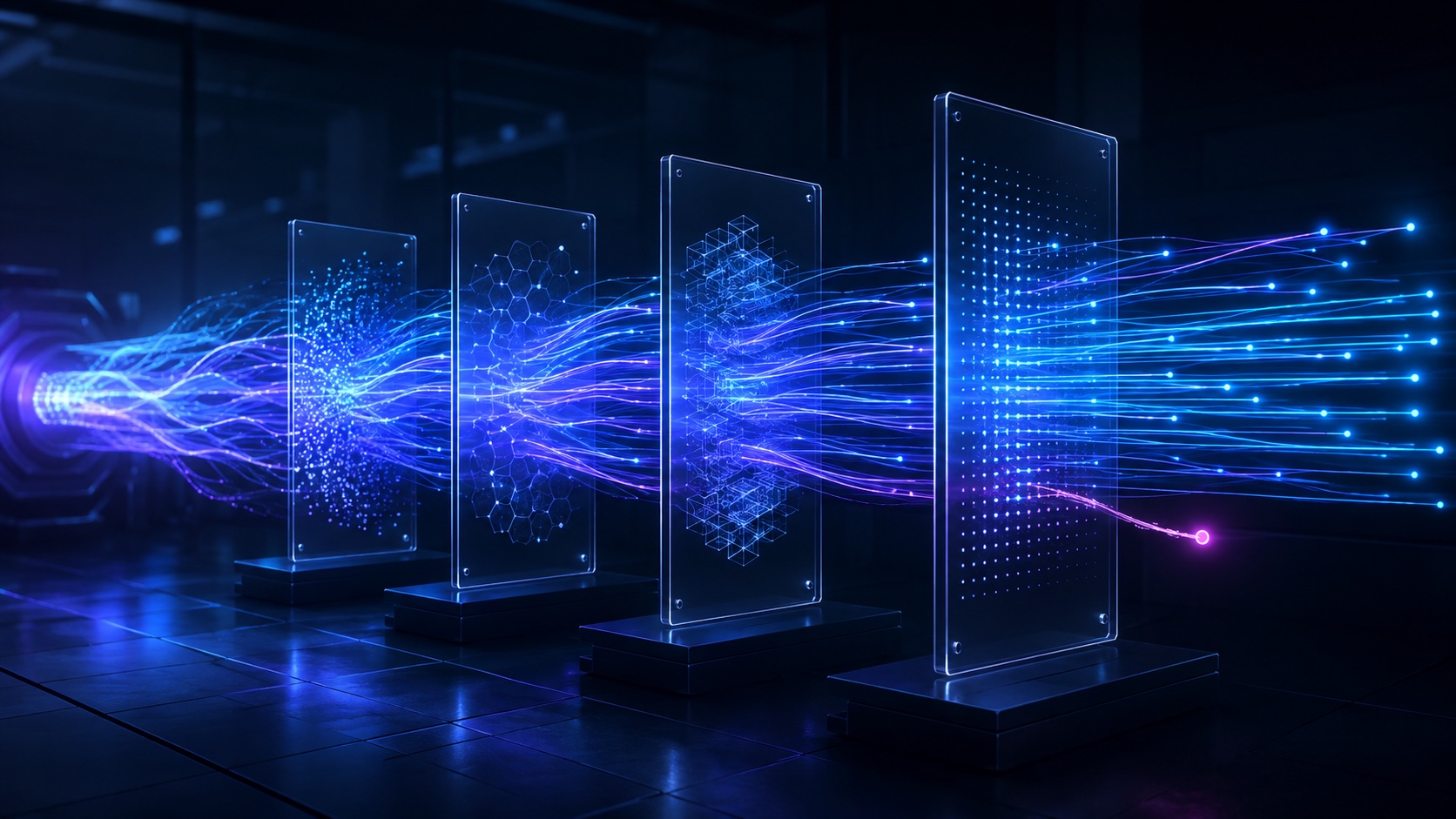 Luminous workflow strands pass through four transparent evaluation planes while one uncertain path stops.