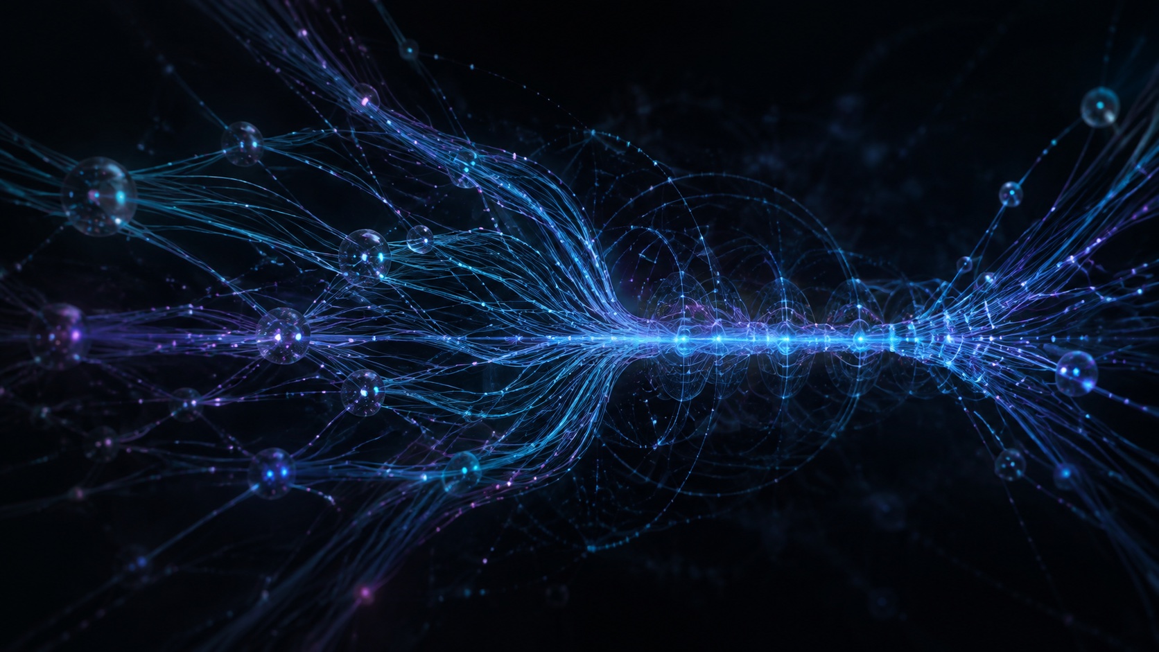 Blue and violet memory threads converge through evidence nodes into a coherent central spine.
