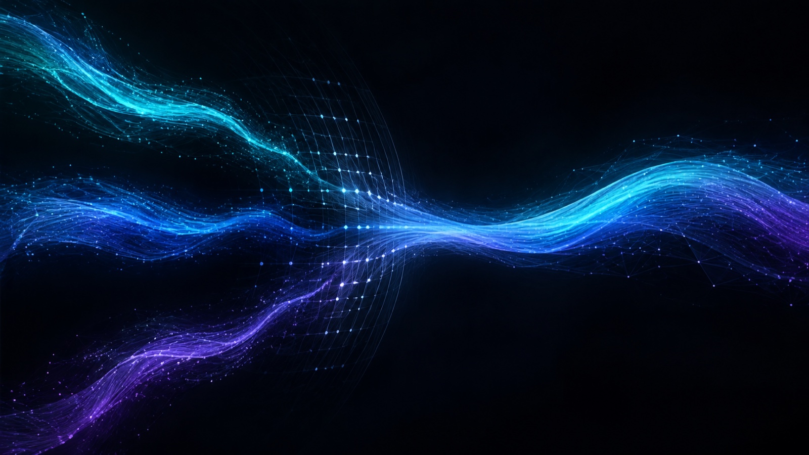 Cyan, blue and violet intelligence streams converge across a dark cinematic landscape.