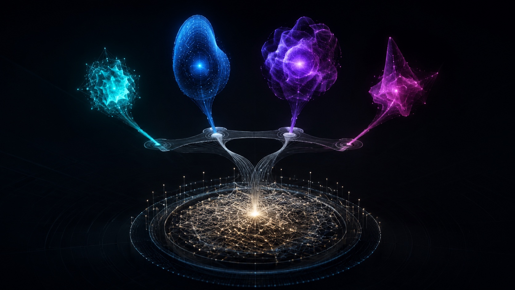 Four distinct intelligence forms connect through a shared routing layer to one knowledge core.