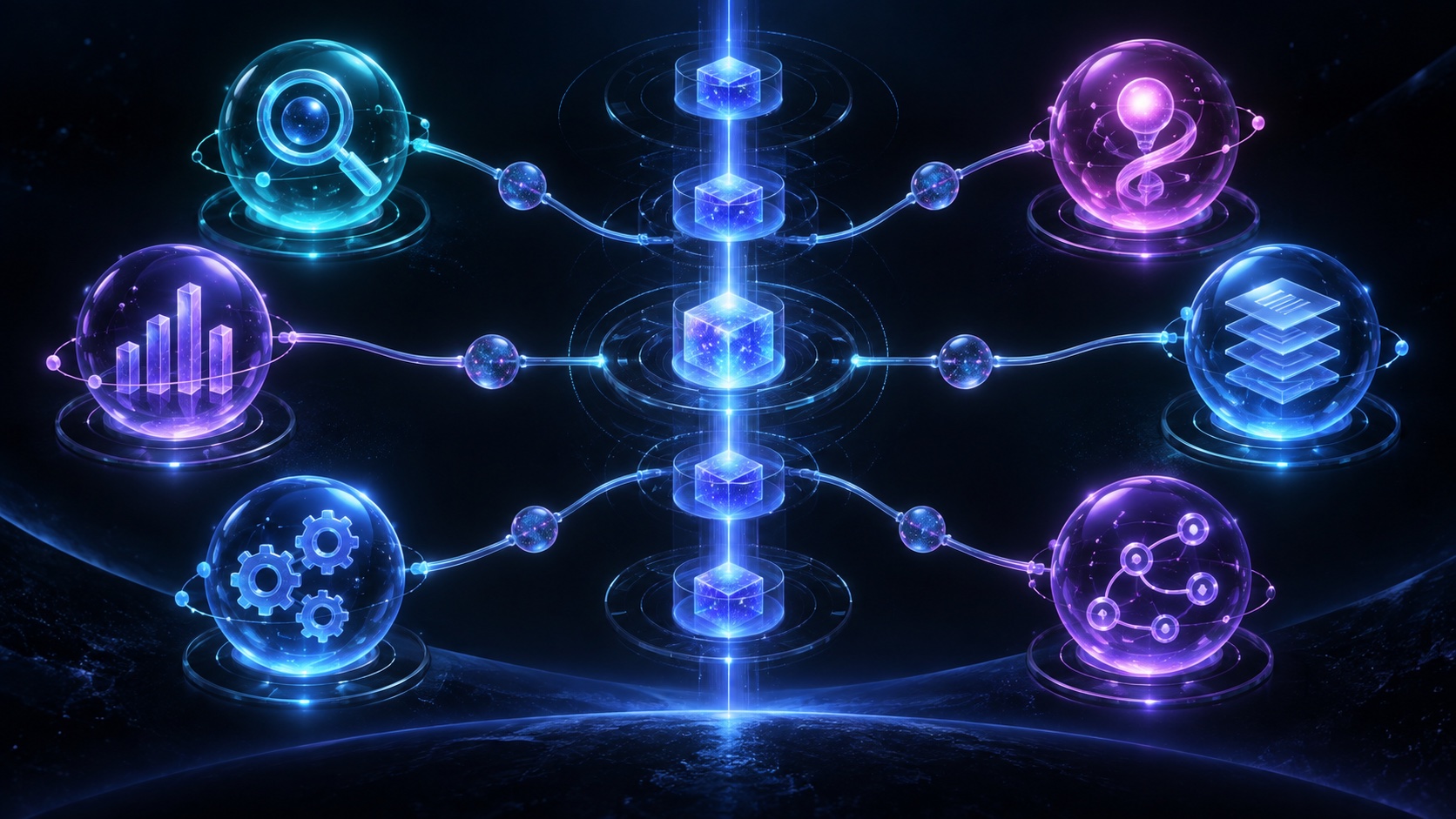 Specialised luminous agents coordinate through a shared memory and evidence spine.