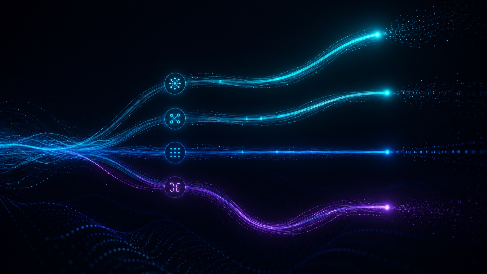 Four luminous workstreams follow different trajectories to represent varied productivity outcomes.