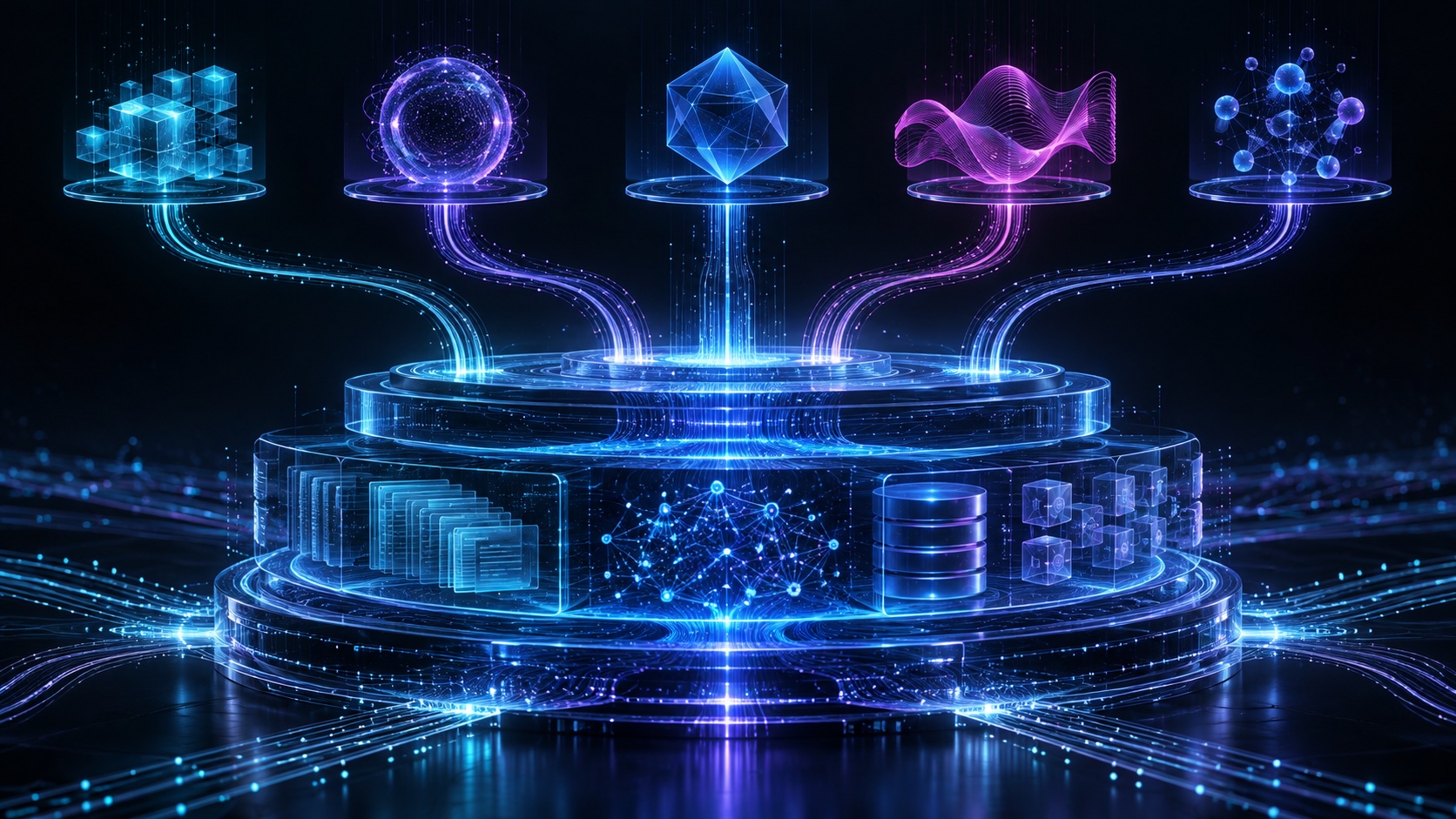 A stable intelligence layer connects to multiple interchangeable model pathways above it.