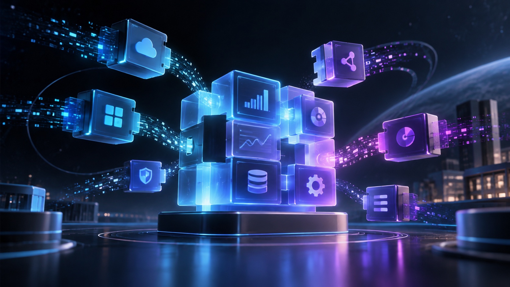 Modular luminous components assemble into a tailored software system for an organisation.