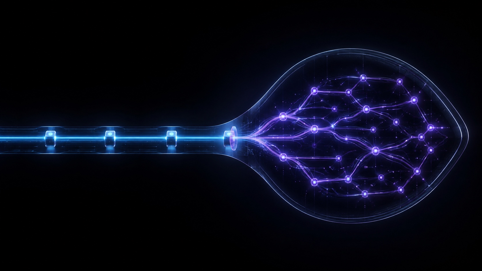 A controlled blue workflow expands into a branching violet agent network inside a clear boundary.